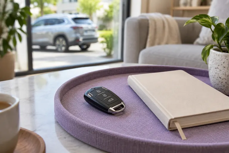 Vehicle key and closed notebook.